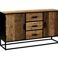 MEUBLE BAHUT VIEUX BOIS EN TECK ET METAL 2 PORTES 3 TIROIRS 140 X 38 X 80 CM