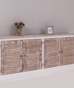 BAHUT 4 PORTES PERSIENNE PIN MASSIF BLANC / LASURE BLANCHI 209 X 90 X 37 CM